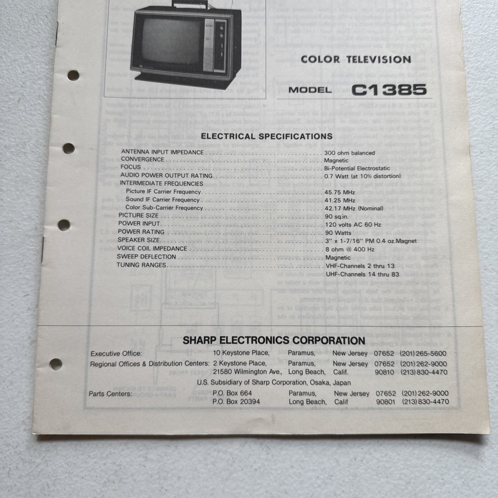 Sharp Electronics Color Television Model C1385 Preliminary Service Information