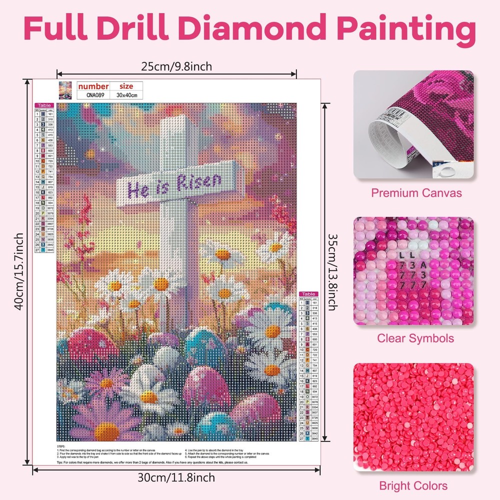 Easter Diamond Art Kits for Adults Beginner, 5D He is Risen Cross Diamond Paint