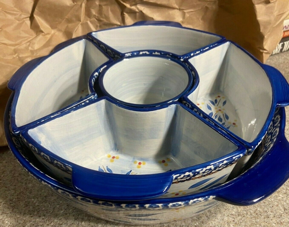 Set 6 Pc Temp-Tations Old World Blue Set Baker Dish Platter Dip Separated Tray