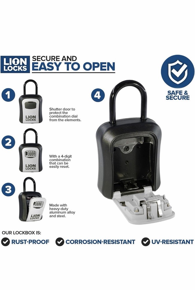 Lion Locks Key Box with Shackle for House Keys And Code