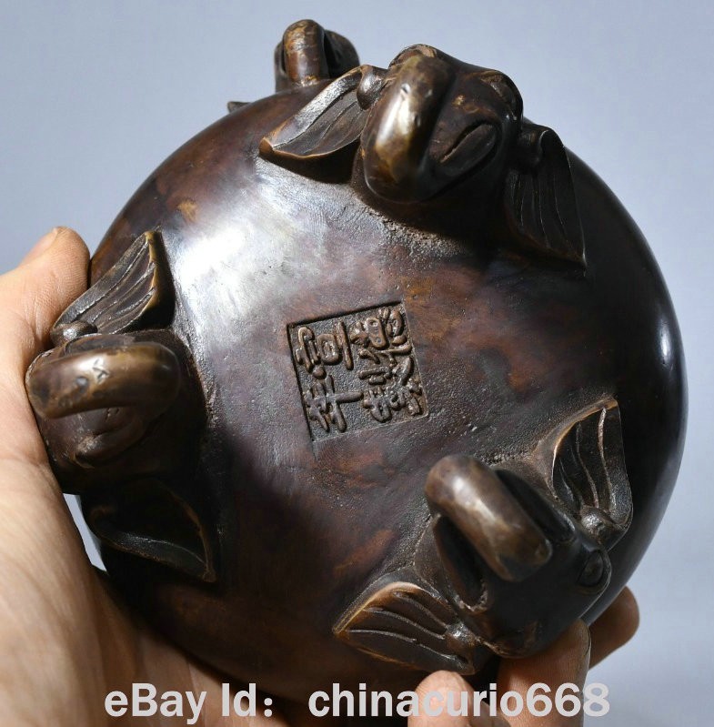 8" Marked Old China Copper Carving Dynasty Palace Elephant Ear Flower Censer