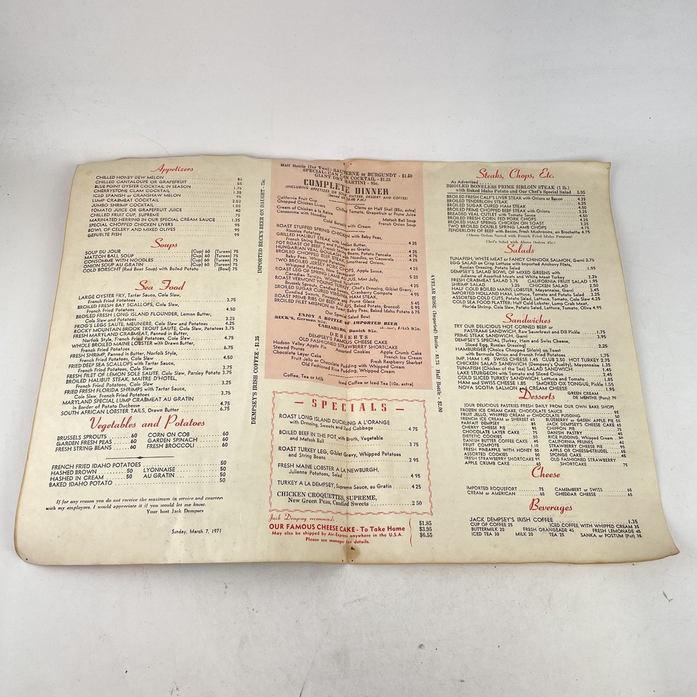 Jack Dempsey’s Restaurant Menu March 7 1971