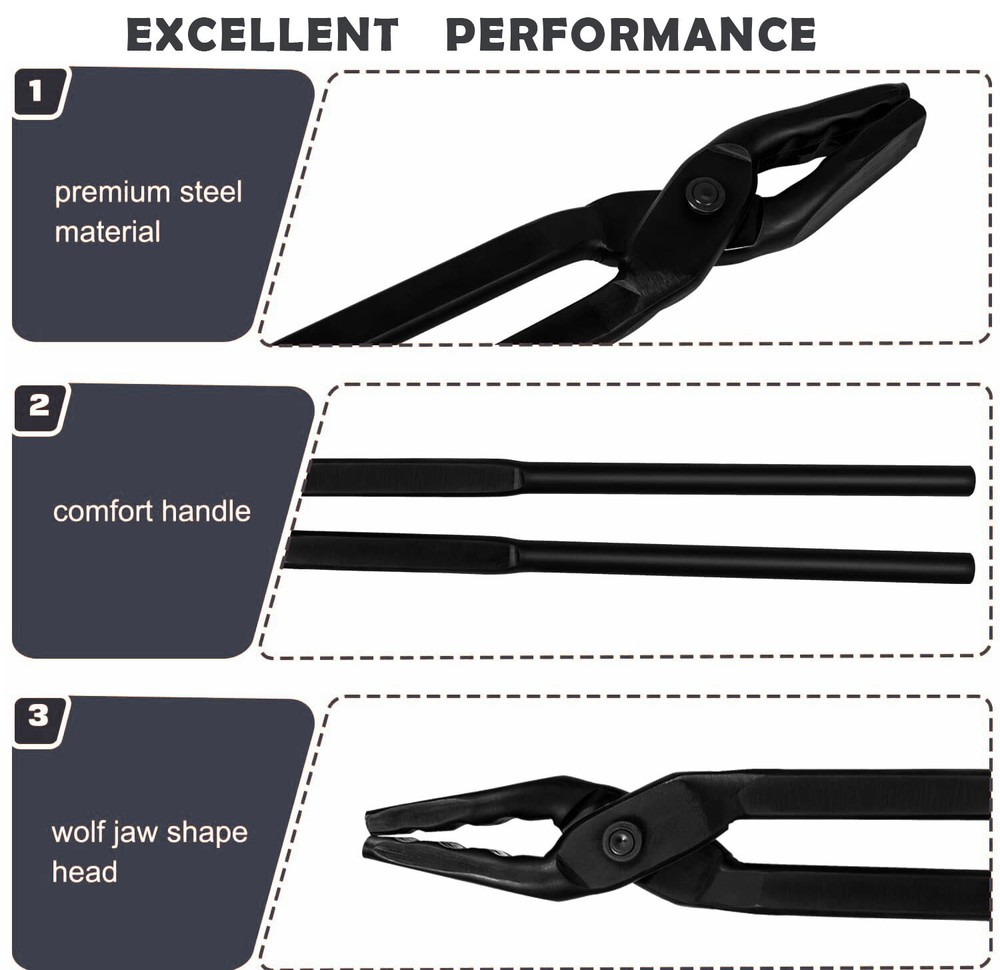 17" Blacksmith Wolf Jaw Tongs Knife Forging Tool For Beginner&Master Blacksmiths