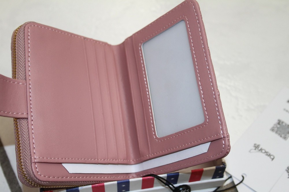 BISON DENIM Leather Wallet Womens Zip Around Light Pink Quilted Pattern