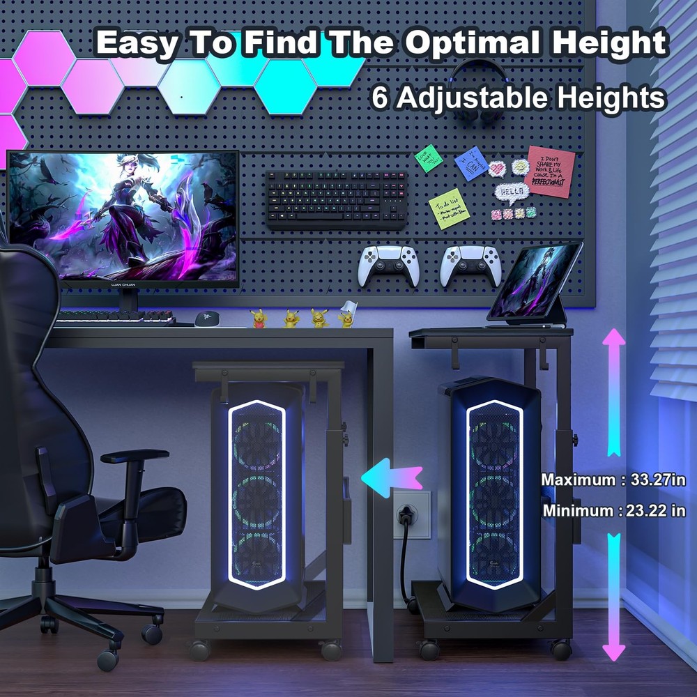 Height Adjustable Computer Tower Stand with Charge Station and 25.2", Black