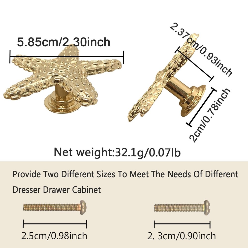 Starfish Handles Right Angle Kitchen Cabinet Drawer Knobs Gold 4 PCS