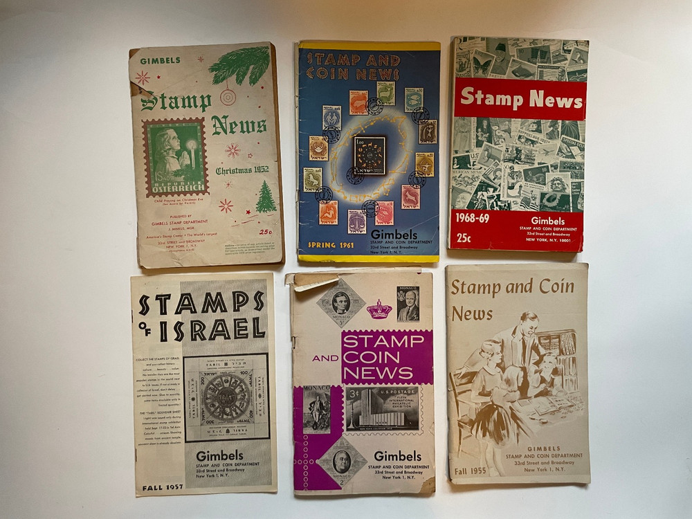 Lot 6 VTG GIMBELS Postage Stamp News Catalogs – Israel, Christmas, coins 1952-69