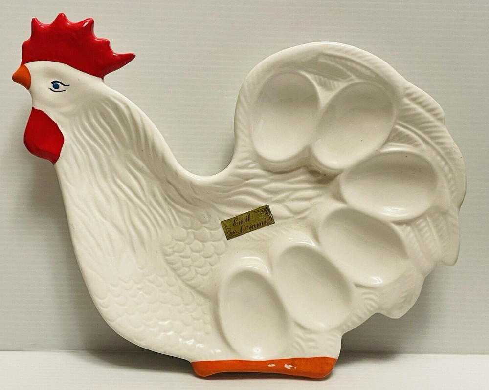 Emil Ceramic Rooster shaped egg holder serving ceramic plate.