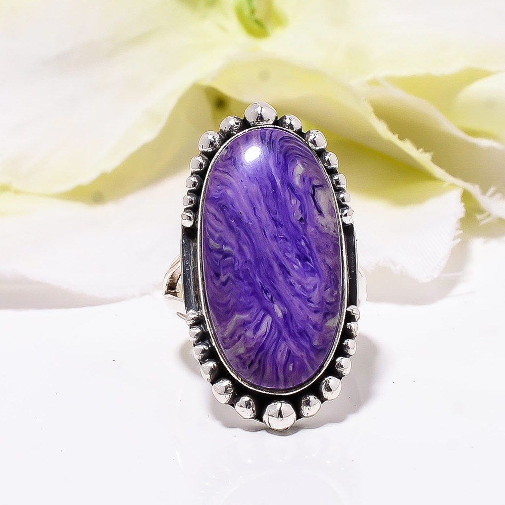 Purple Charoite Ring in Solid 925 Sterling Silver, Anniversary Gift for Her