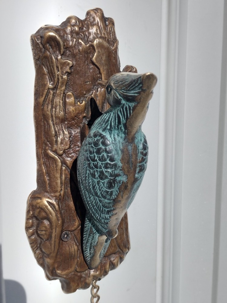 🚪✊VINTAGE SOLID BRASS bird DOOR KNOCKER PULL CHAIN sparrow WOODPECKER bell ring
