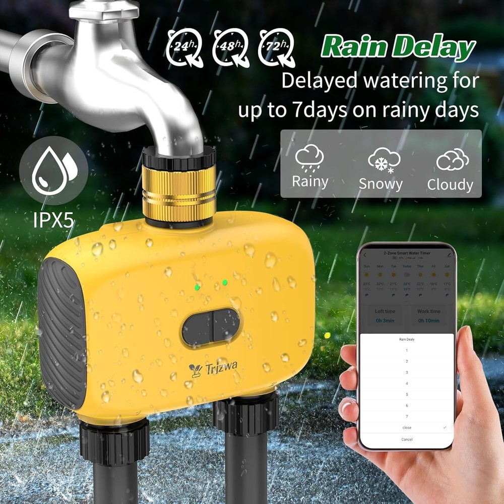 Automatic WiFi Hose Timer - 2-Zone Water Controller for Lawn/Garden w/Delay