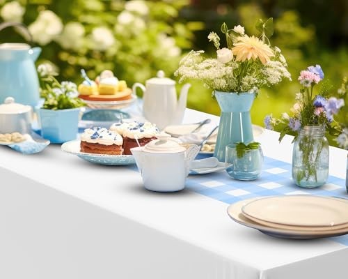 Checkered Disposable Plastic Tablecloth with Retro Gingham Table 6 Blue White