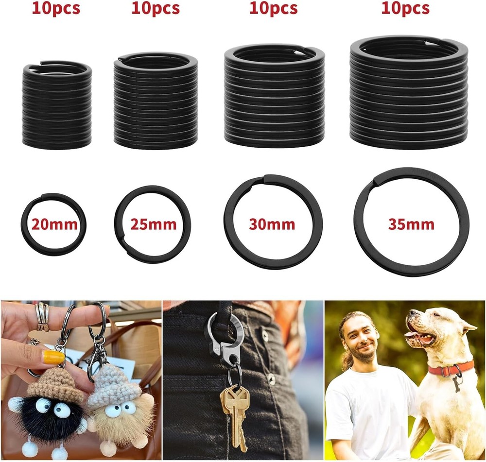 40 Pack Black Key Ring Keychain Assorted in 4 Sizes Metal Round Split Key Chains