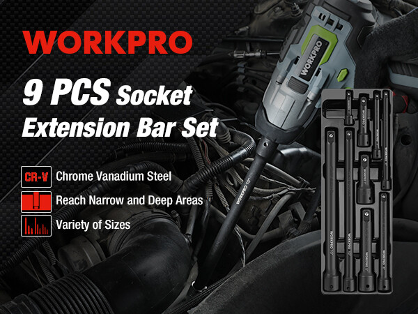 WORKPRO 9PC Impact Socket Driver Extension Bar Set 1/4" 3/8" 1/2 Drive Extension