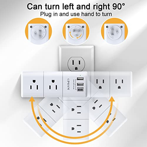 USB Outlet Extender Surge Protector - Multi Plug Outlet with Rotating Plug, 3