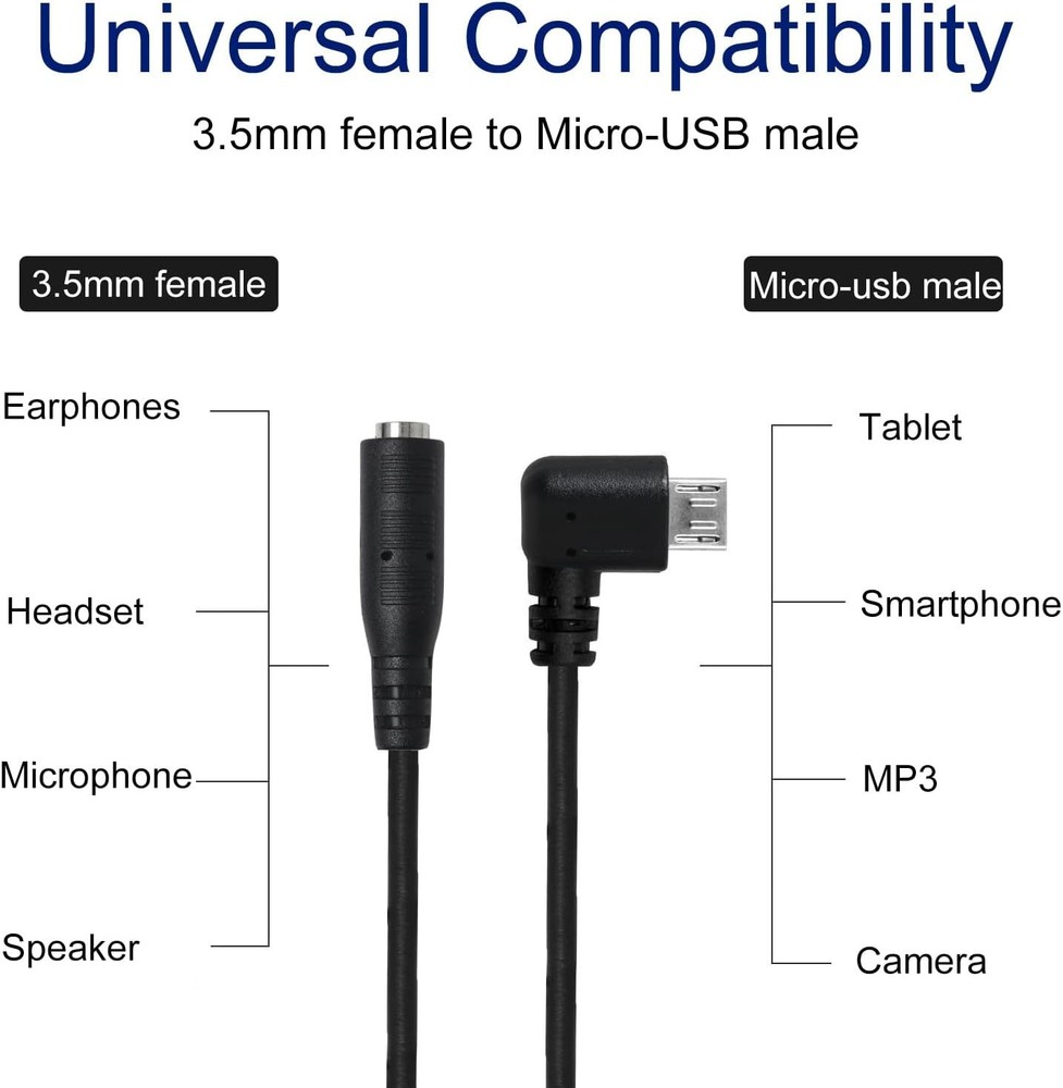 Micro USB to 3.5mm Jack Audio Adapter Cable Black Right Angled