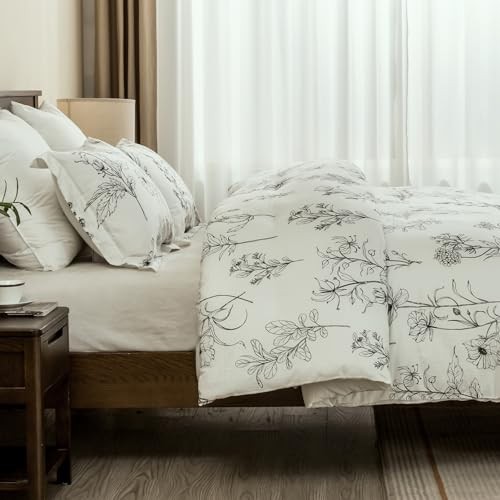 Queen Comforter Set, Floral Comforter Bedding Queen (90" x 90") White/Black