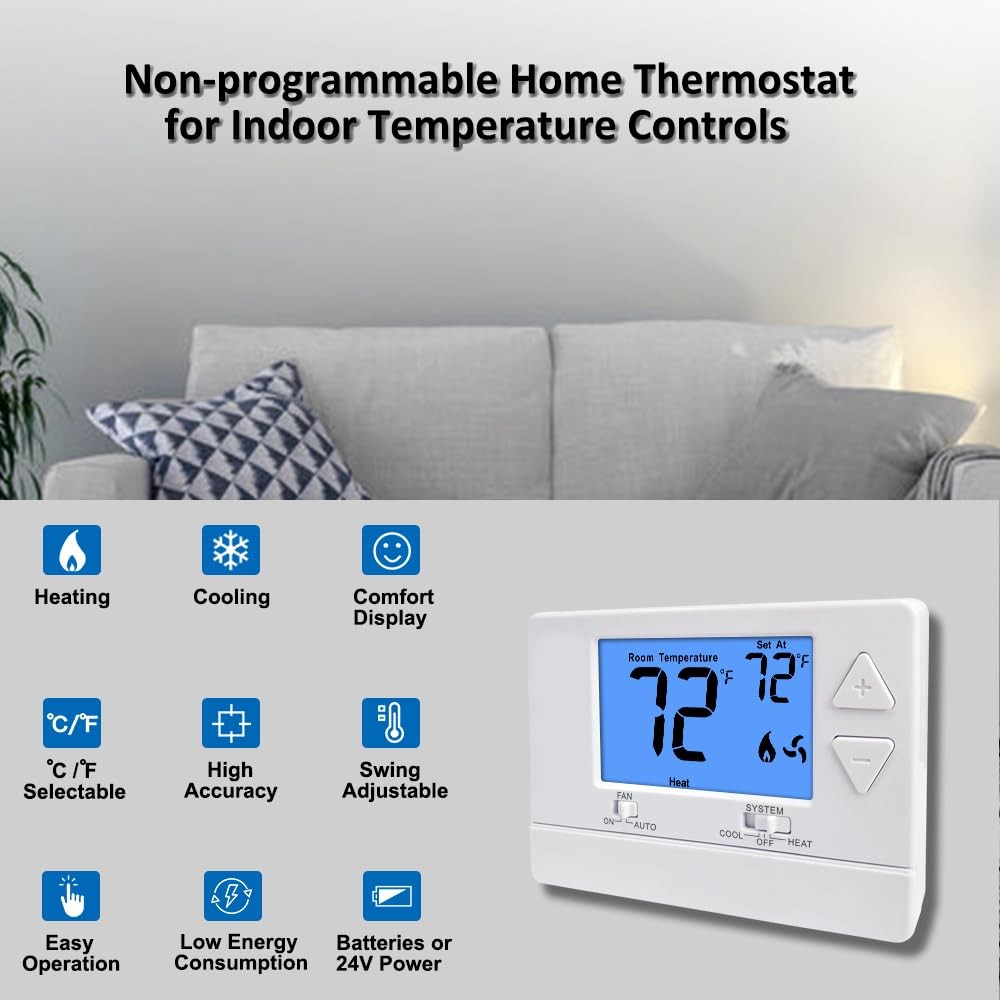 Thermostat NonProgrammable Digital 1 Heat/1 Cool Single-Stage Systems Blue
