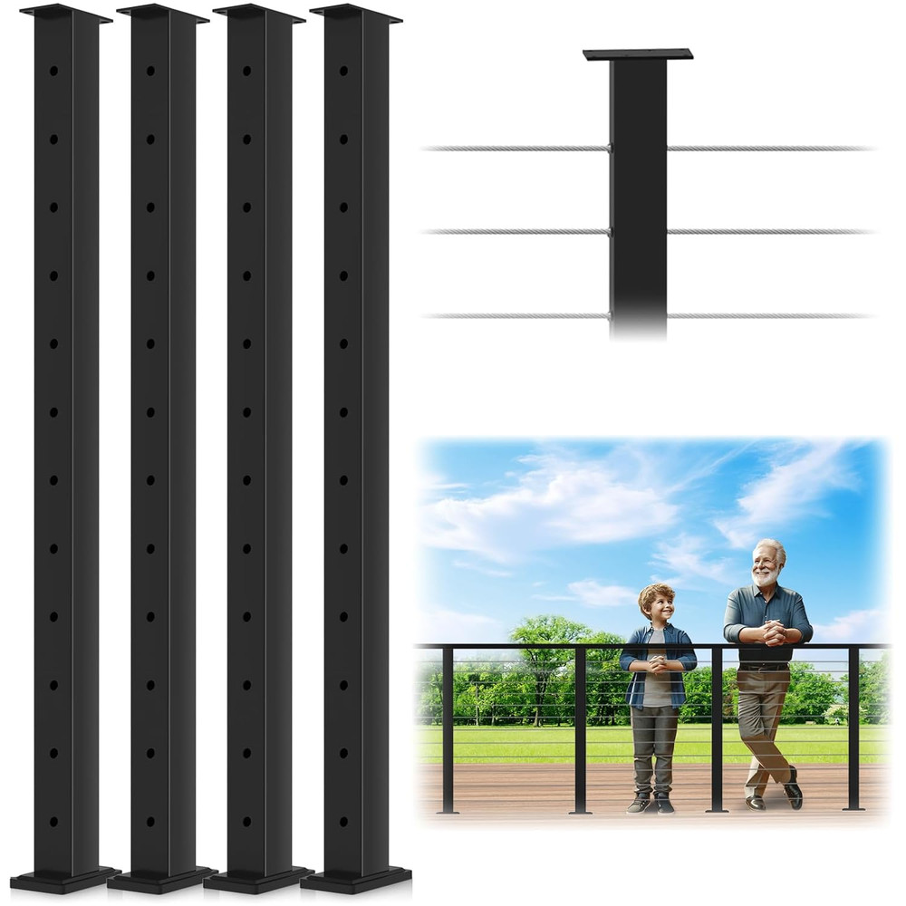 Matte Black 42" Cable Railing Post 4 Pack for Decks & Balconies