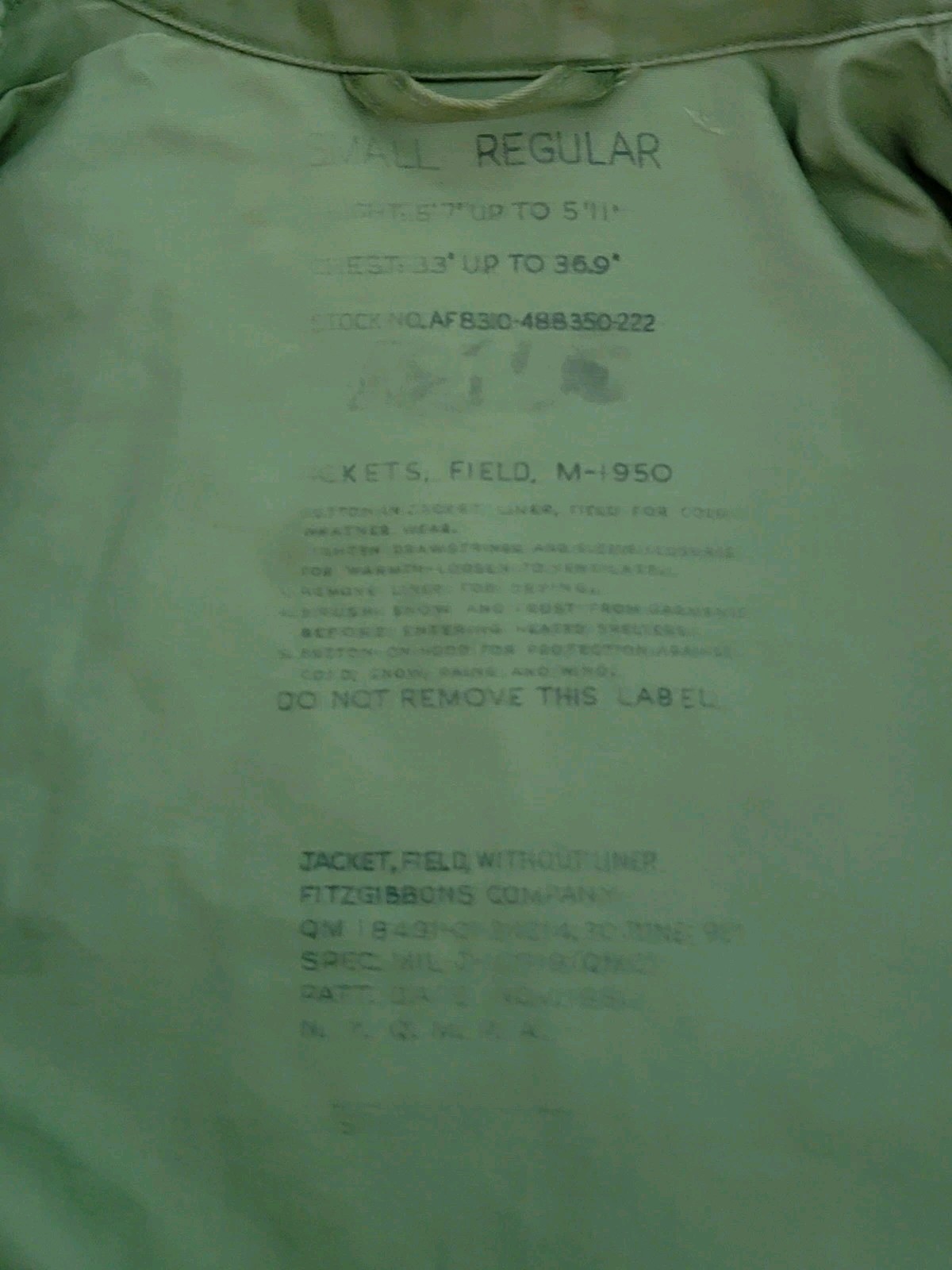 Vintage 1950s US Army Field Jacket Without Liner Size Regular Small