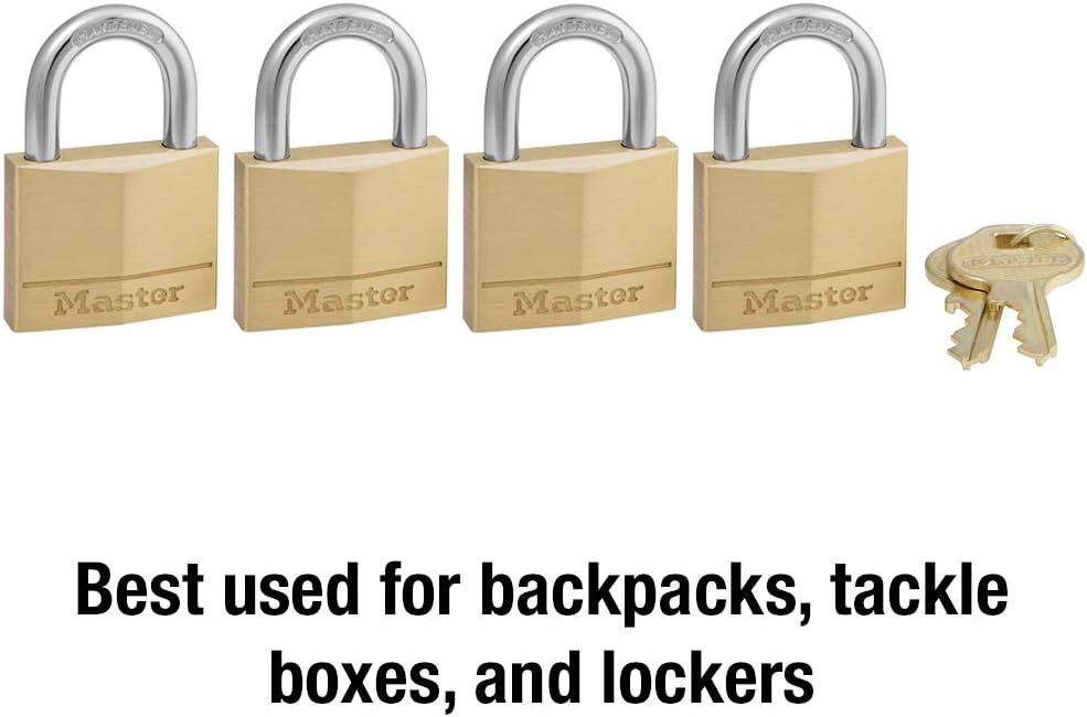 Master Lock 140Q Solid Keyed Alike Padlocks, 4 Pack, Brass, Silver