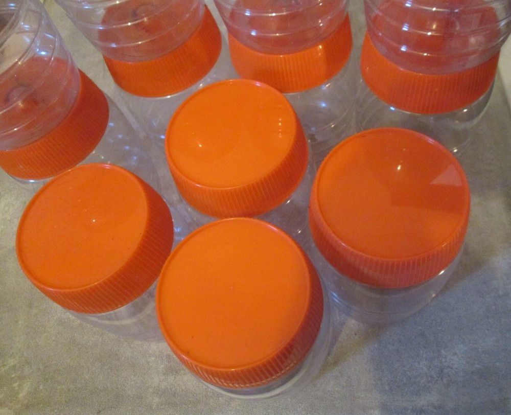 12 empty transparent CLEAR plastic pots / containers orange lids, storage crafts