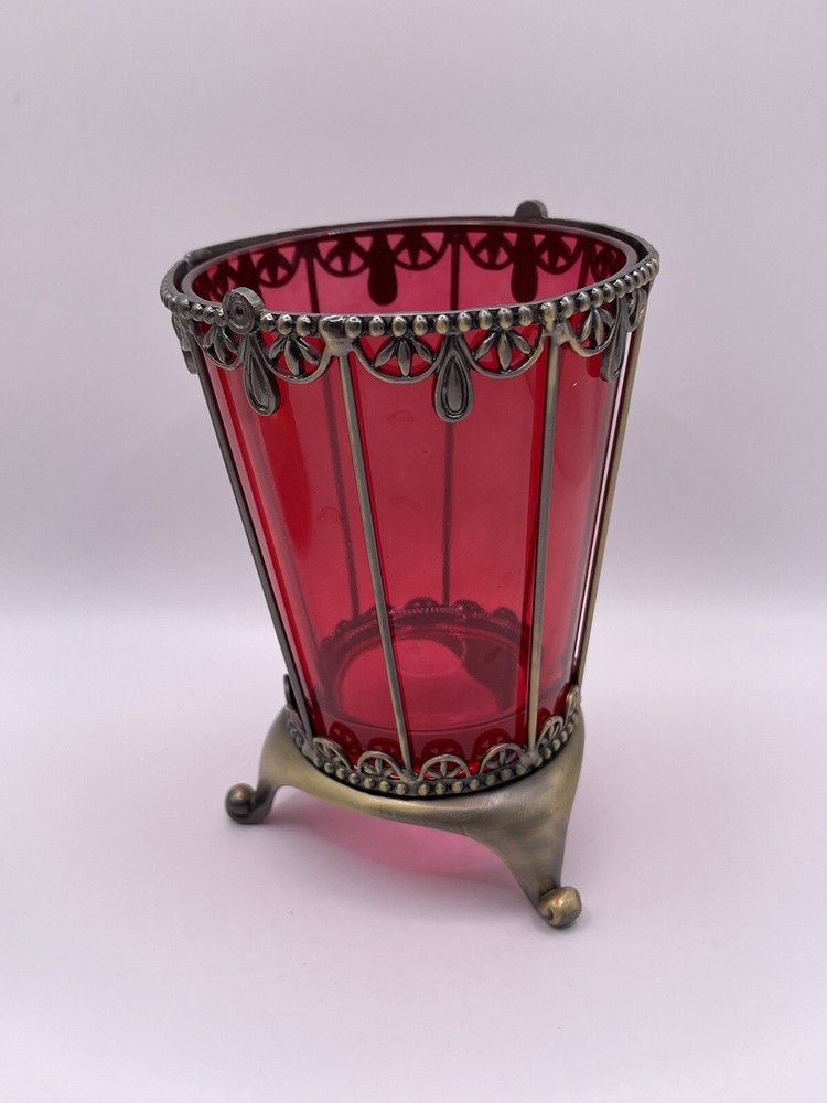 Vintage Elegant Silver-Metal Wire Cup Red Glass Votive Holder Goth Decor ****
