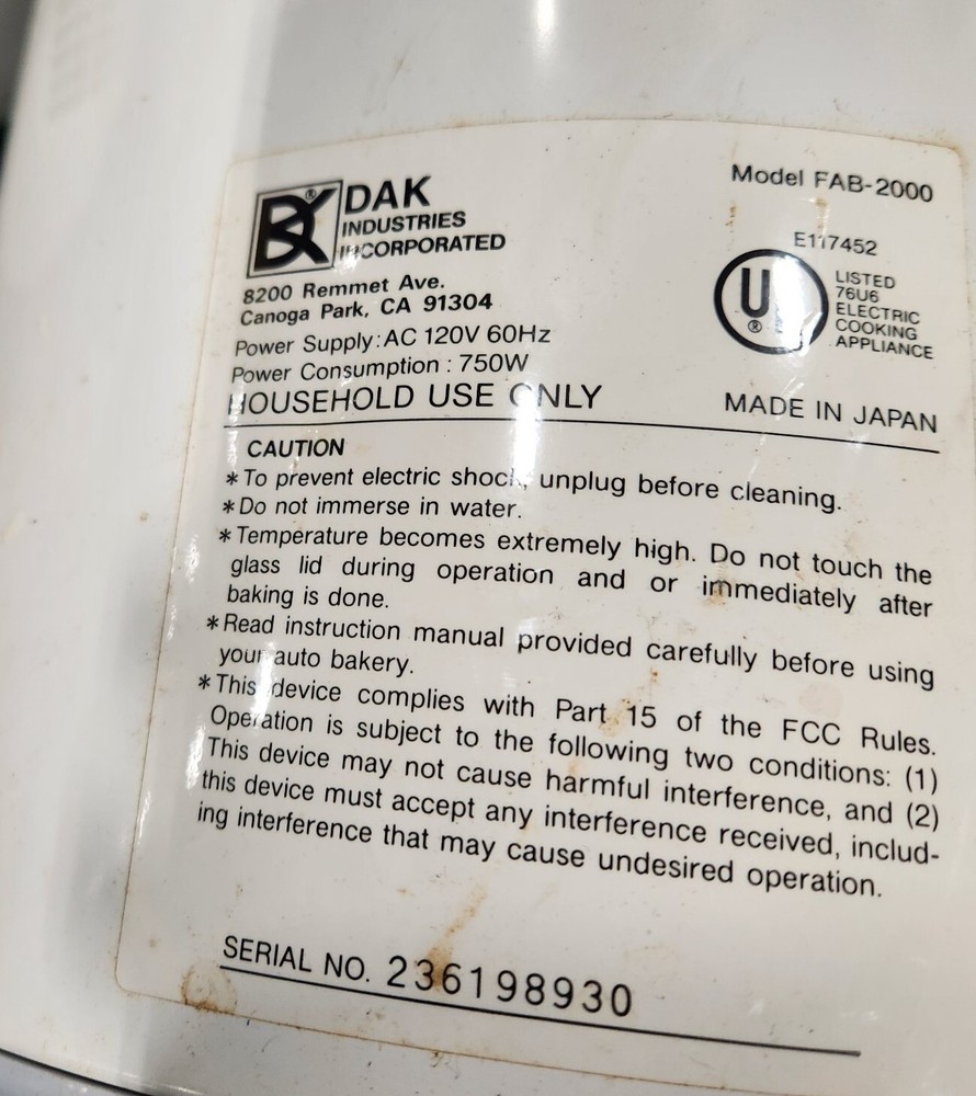 DAK Turbo Baker II Bread Machine Replacement Pan FAB 2000