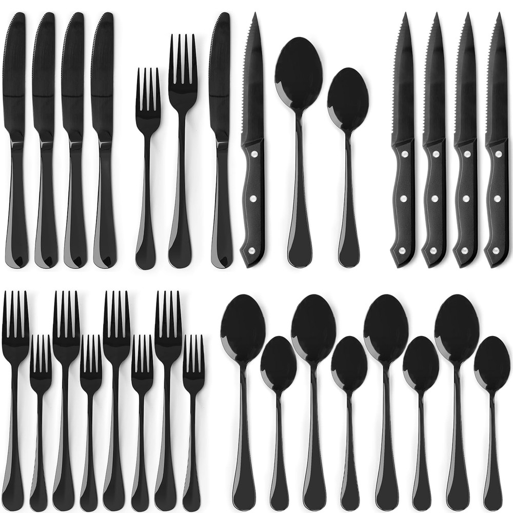 Astercook 24-Piece Black Silverware Set with Steak 24 PCS, Elegant Pro