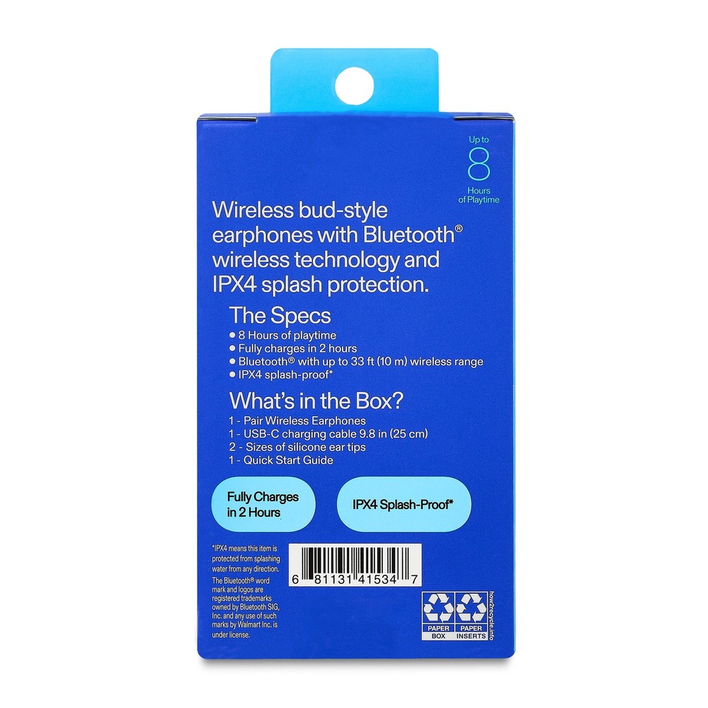 onn Wireless Earphones, Bluetooth Black