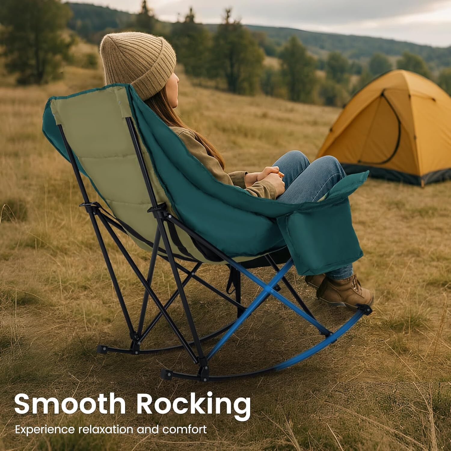 H&ZT Oversized Rocking Camping Chair Padded Folding Lawn Chair with Cooler Bag
