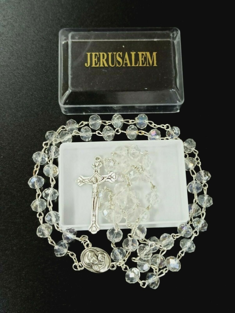 Crystal Rosary White Holy Land Necklace Cross Crucifix Catholic Jerusalem