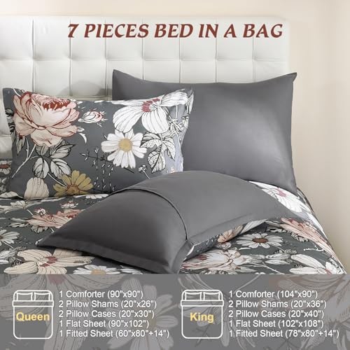Comforter Set 7 Pieces Bedding Sets,Floral Comforter and Sheet Queen Gray