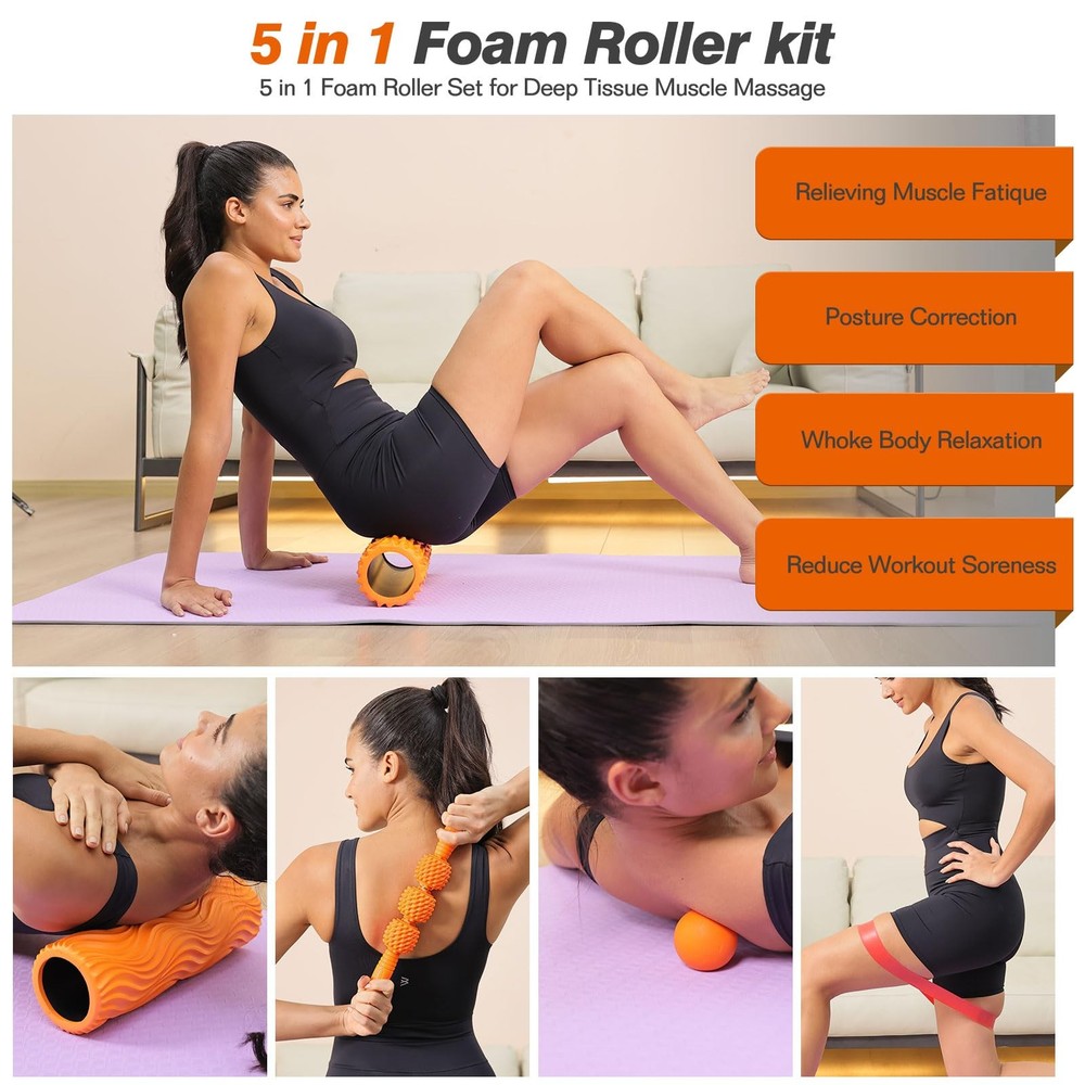 5 in 1 Foam Roller Set - Trigger Point Foam Back Roller, Muscle Roller Stick,...