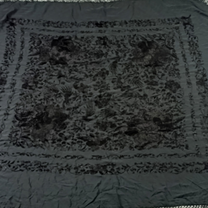 Antique Hand-Embroidered Silk Piano Shawl Wrap Floral Fringe 51" Vintage Luxury