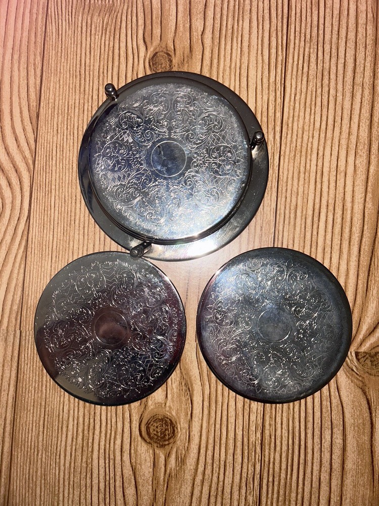 7 Piece Vintage Silver Plated Coaster Set - 6 Coasters 1 Caddy