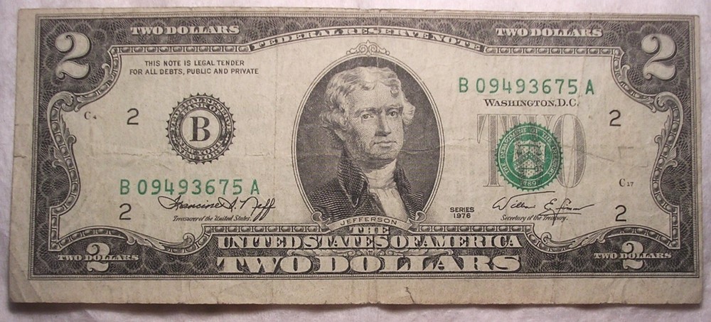 1976 $2 Dollar Note, 2 Errors, Miscut/Misaligned and Low Seal Errors, Circulated