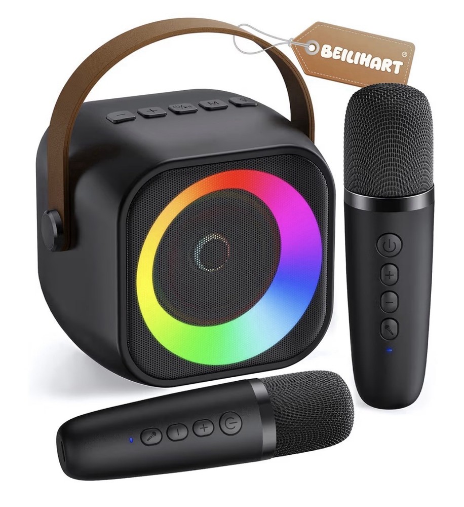 Mini Karaoke Machine Portable Bluetooth Speaker with 2 Wireless Mics Party Li...