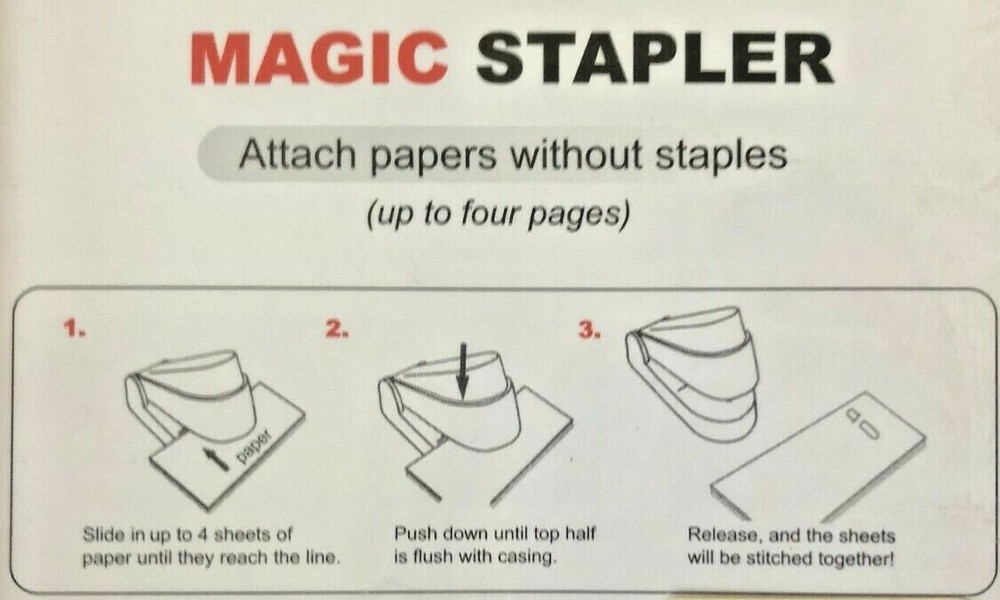 MAGIC STAPLER - CHILD SAFE - ATTACH PAPERS WITHOUT STAPLES - NEW IN PACKAGE