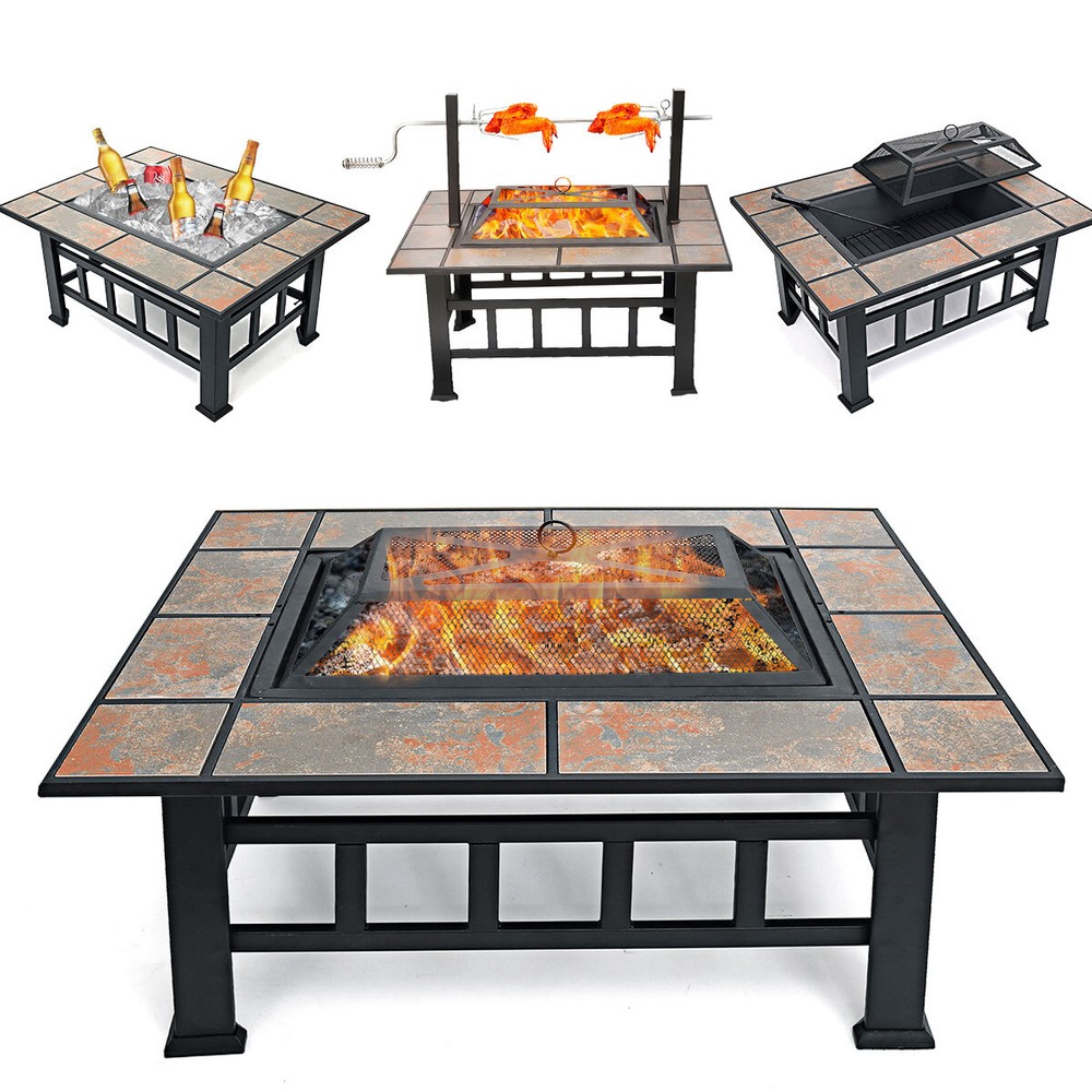 Wood Burning Fire Pit 37" Square Firepit Table Backyard Patio Stove