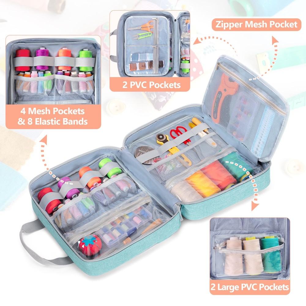 Blue Sewing Storage Organizer Bag with Folio Open Design Versatile Pockets