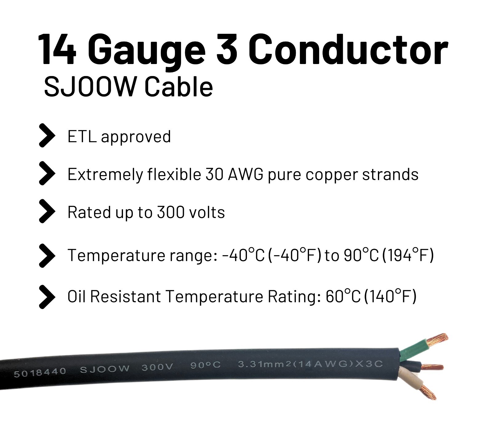 WindyNation 14/3 14 AWG 3 Conductor SJOOW Cable Cord Wire 300V Portable Power