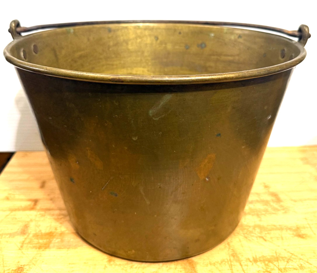 Antique HW Hayden Brass Bucket 1851 Patent Spun Brass Pail Iron Handle 1866