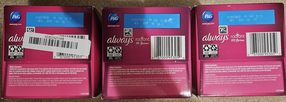 Always Radiant With Flexfoam, Size 1 Regular, 30 Count, 3 Box Bundle