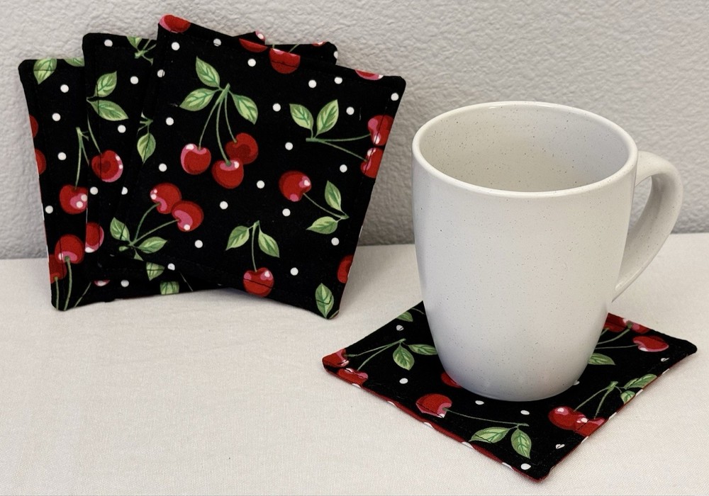 Fruit Cherry Polka Dot Drink Coasters Reversible Spring Summer Red Black Set 4