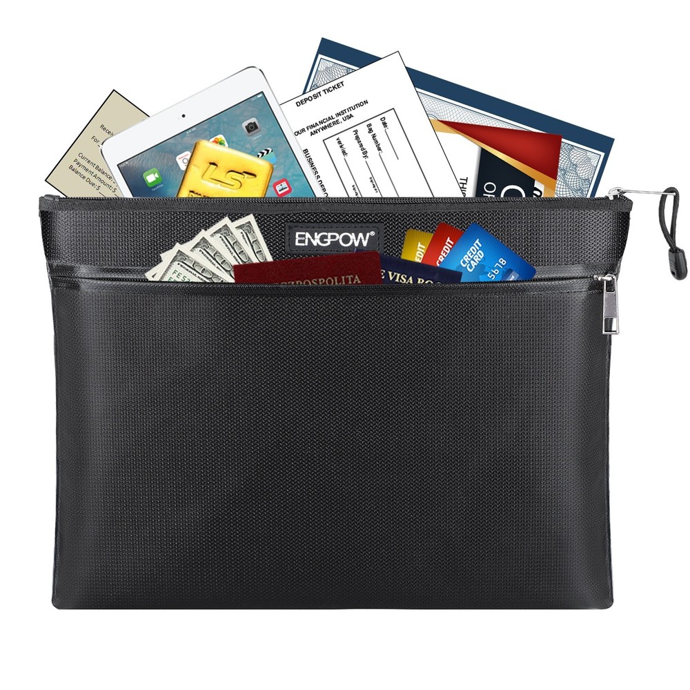 ENGPOW Fireproof Document Bag Two Pockets Two Zippers,Fireproof Safe Bag 13.4"x