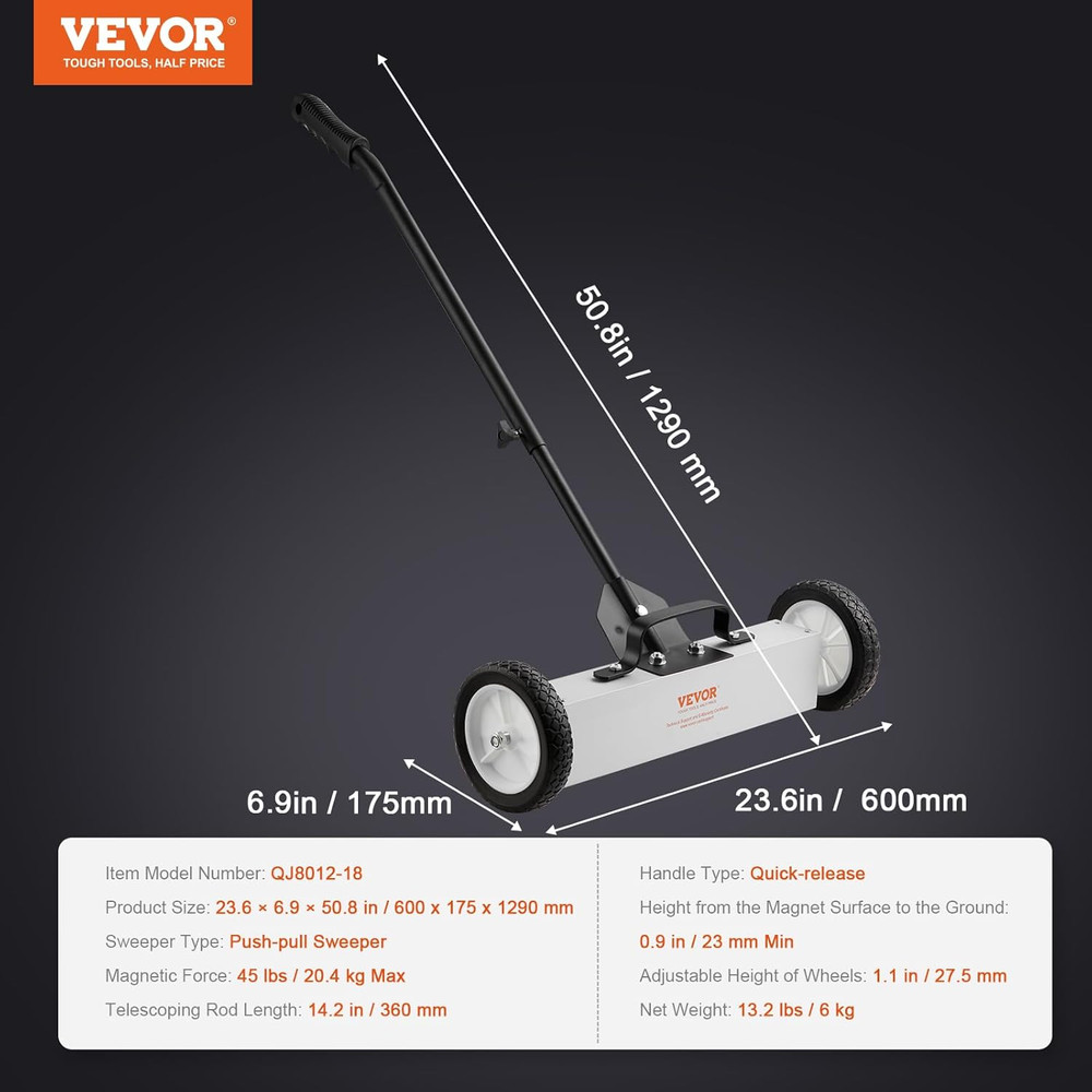 45Lbs Rolling Magnetic Sweeper with Wheels, Push-Type Magnetic Pick up Sweeper,