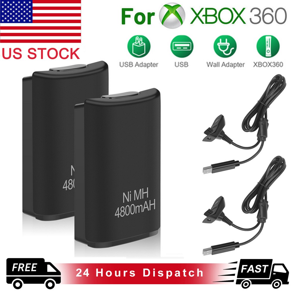 2 Battery Pack Charger Dock USB Cable For Microsoft Xbox 360 Wireless Controller