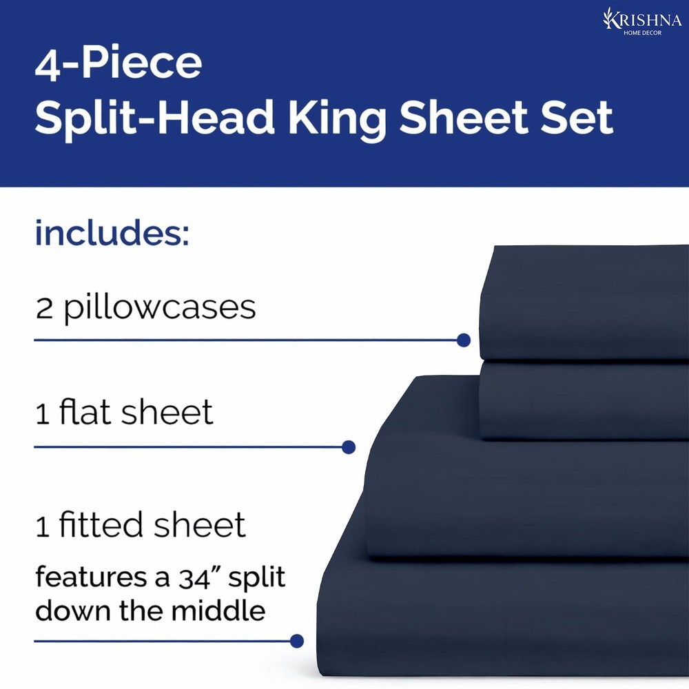 Split Head King Sheet Set 4 Piece, 100% Egyptian Cotton Split Top King Sheets...