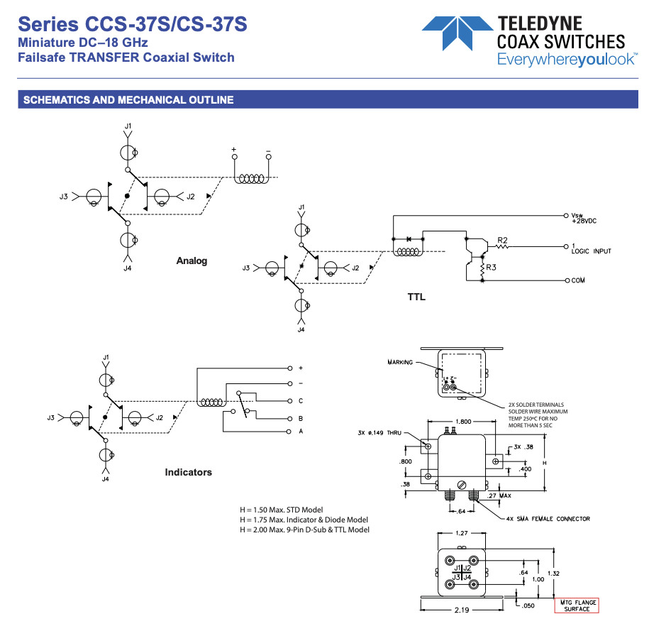 Teledyne RF Coaxial Switch Commercial DC-18GHz SMA Failsafe Transfer CCS-37S30